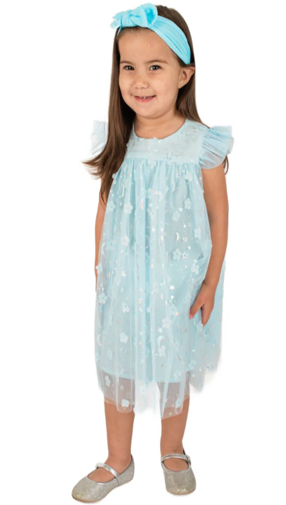 Blue Overlay Dress wtih Flowers and Half Moons